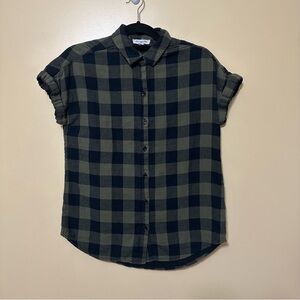 Beachlunchlounge Half Sleeve Cuffed Plaid Button Up Short Women S Army Green